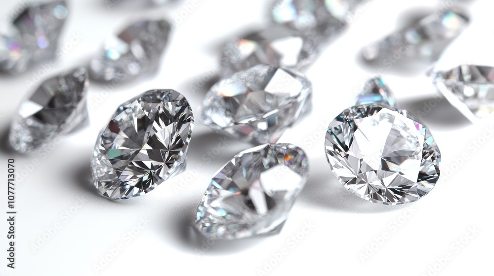 Close-up shot of sparkling, brilliant diamonds scattered on a white surface. Close-up shot of sparkling, brilliant diamonds scattered on a white surface.