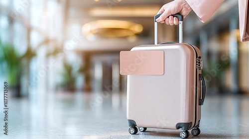 A person holds a stylish, wheeled luggage in a bright, spacious terminal, ready for travel. Travel insurance cover 