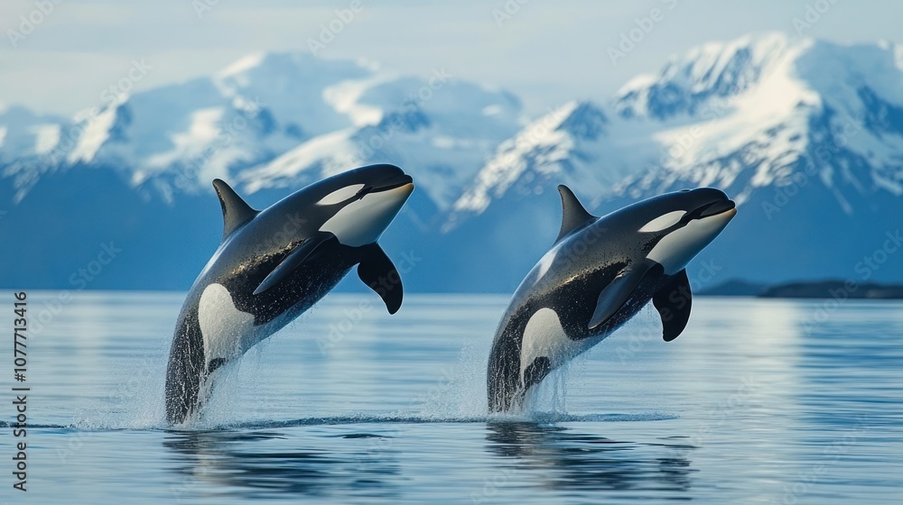 Obraz premium Two killer whales jumping out of the water with the snow mountains in the background.