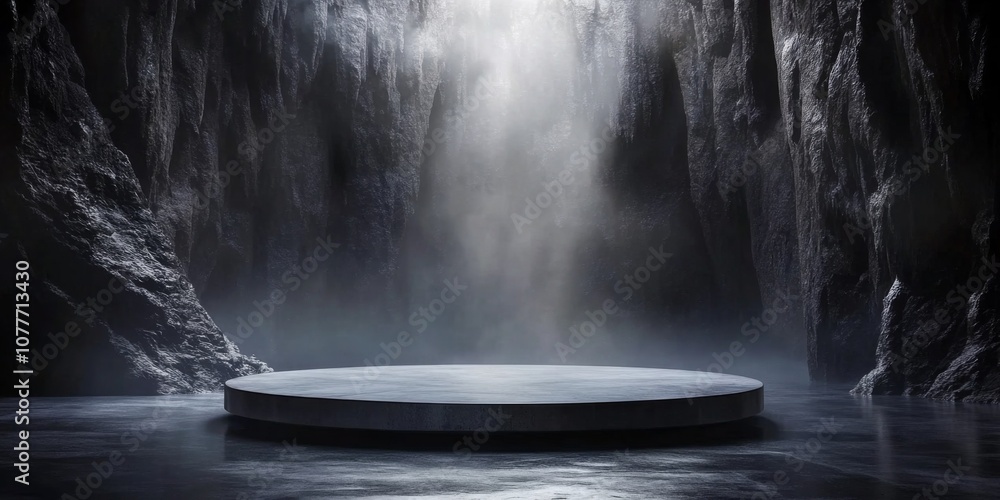 Circular platform middle dark cave is made concrete empty black Podium Circular platform middle dark cave is made concrete empty black Podium