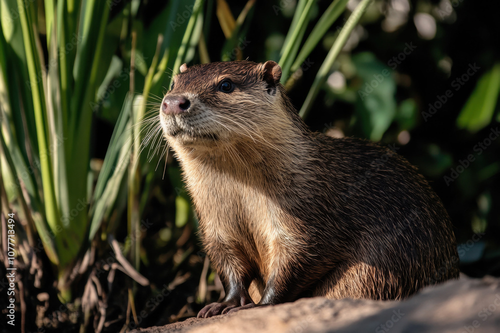 A curious otter with shiny brown fur sits alert among lush green foliage, bathed in warm sunlight, and gazes into the distance. A curious otter with shiny brown fur sits alert among lush green foliage, bathed in warm sunlight, and gazes into the distance.