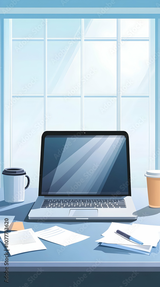 A laptop computer, a cup of coffee, and some papers are on a desk in front of a window. A laptop computer, a cup of coffee, and some papers are on a desk in front of a window.