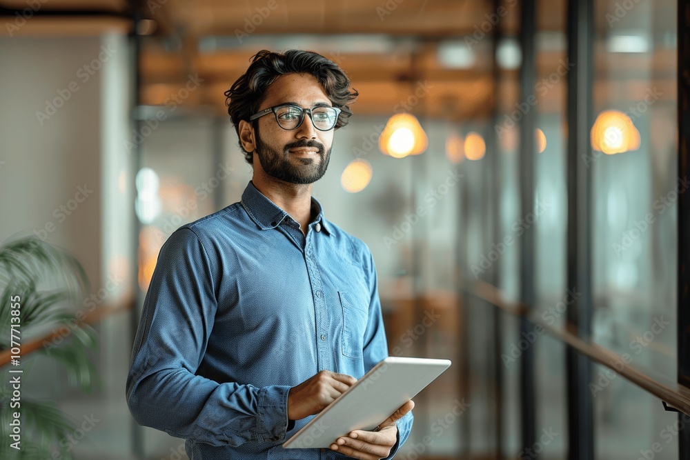 © zong - Confident Indian Businessman Holding iPad in Modern Office © zong - Confident Indian Businessman Holding iPad in Modern Office