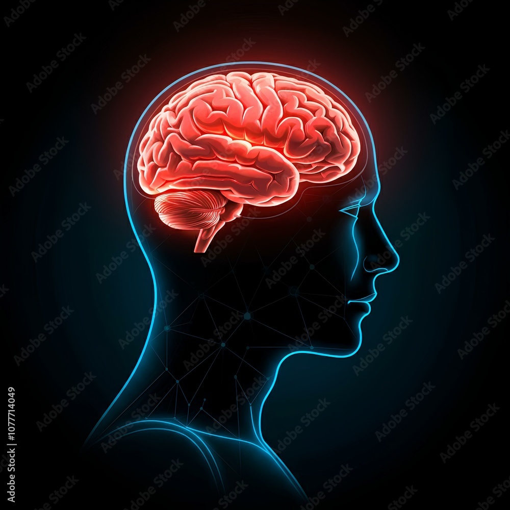 Illustration of a human brain glowing red inside a head outline, symbolizing mental activity or focus. Illustration of a human brain glowing red inside a head outline, symbolizing mental activity or focus.