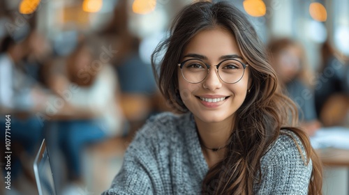 Wallpaper Mural Happy smiling young Indian female student studying with laptop in modern cafe Torontodigital.ca