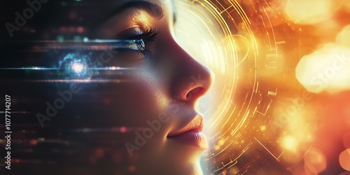 Woman with glowing eye connected to futuristic technology, artificial intelligence and future concept