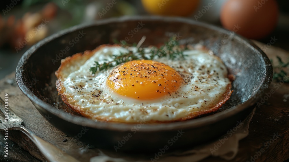 A perfectly fried egg with a golden yolk in a cast iron pan, seasoned with pepper and a sprig of thyme. A perfectly fried egg with a golden yolk in a cast iron pan, seasoned with pepper and a sprig of thyme.