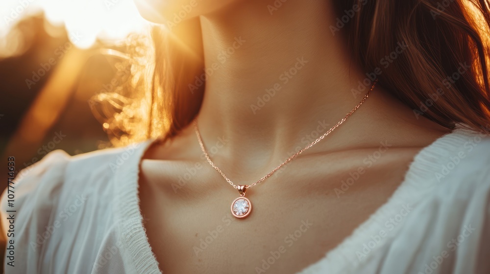 Close-up of a woman's neck with a delicate gold necklace and pendant, bathed in warm sunlight. Close-up of a woman's neck with a delicate gold necklace and pendant, bathed in warm sunlight.