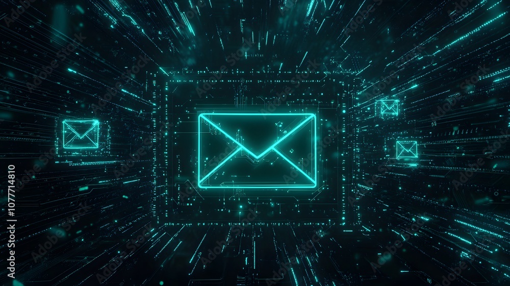 A digital representation of an email icon in a futuristic world. A digital representation of an email icon in a futuristic world.