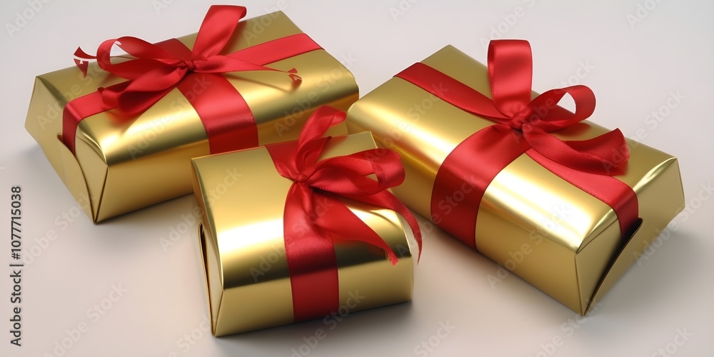 Golden Gifts and Gift Boxes with Red Ribbon Wrapping, Elegant Holiday or Celebration Presents with Festive Wrapping and Ribbon Accents Golden Gifts and Gift Boxes with Red Ribbon Wrapping, Elegant Holiday or Celebration Presents with Festive Wrapping and Ribbon Accents