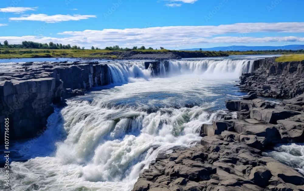 A stunning waterfall cascading over rocky terrain under a clear blue sky. A stunning waterfall cascading over rocky terrain under a clear blue sky.