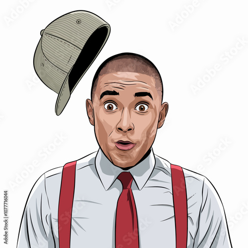 Surprised man with floating hat in mid-air.