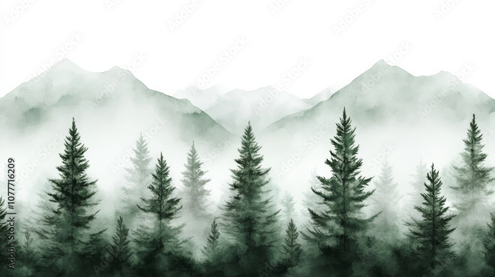 Fototapeta premium Landscape photograph forest tall pine trees are Watercolor green