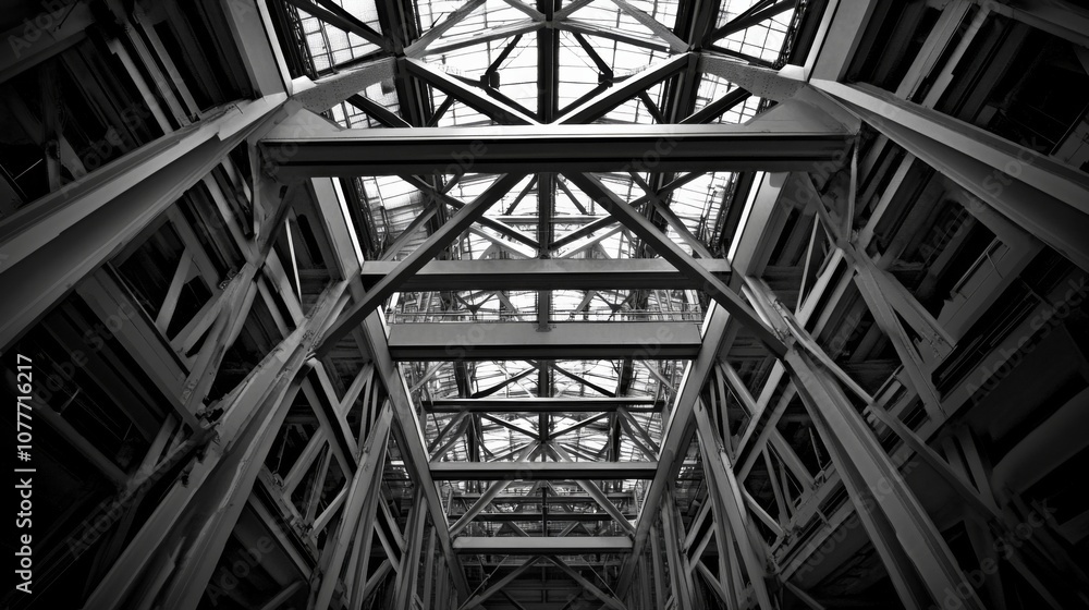 Interior large industrial structure high ceiling made metal abstract architecture background Interior large industrial structure high ceiling made metal abstract architecture background