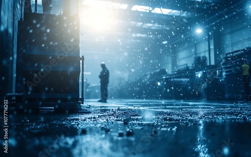 A moody, atmospheric scene in a warehouse with rain visible, a solitary figure standing amidst the reflections and industrial surroundings.