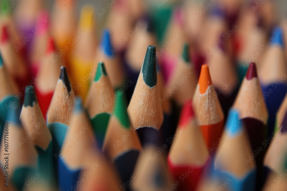 Close-Up of Colorful Pencils with One Highlighted and Depth of Field Effect