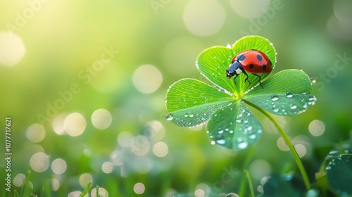 A ladybug sits on a dew-covered four-leaf clover against a soft green background.