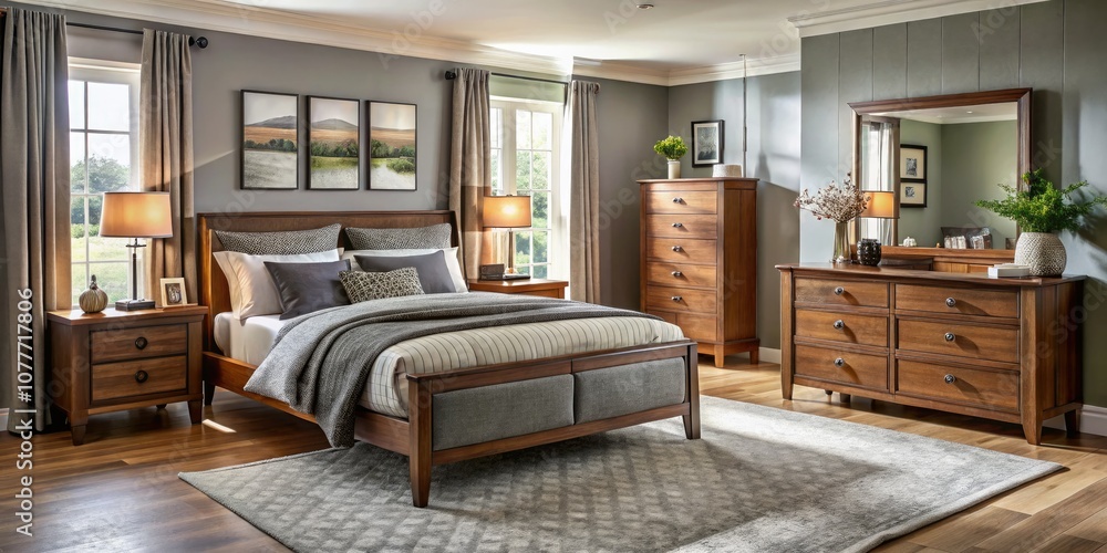 Naklejka premium Transform your modern home with the Hamilton Franklin Bedroom Furniture Collection, reflecting elegance and style for sophisticated living spaces. Elevate your environment with timeless design.
