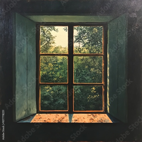 A Glimpse of Nature: A Rustic Window with a View of Lush Green Trees