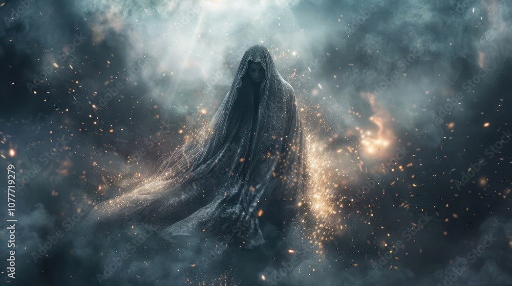 As the dust settles a mysterious figure emerges from the center cloaked in a veil of sparkling particles.