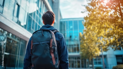 A young man with a backpack stands outside a modern building, looking ahead with determination.