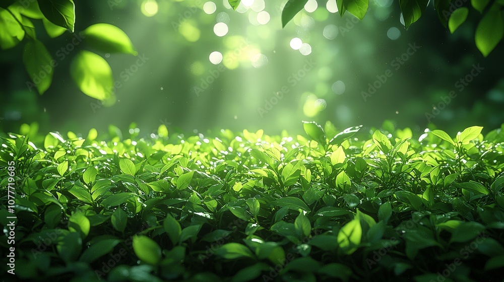A serene view of lush green leaves illuminated by soft sunlight. A serene view of lush green leaves illuminated by soft sunlight.