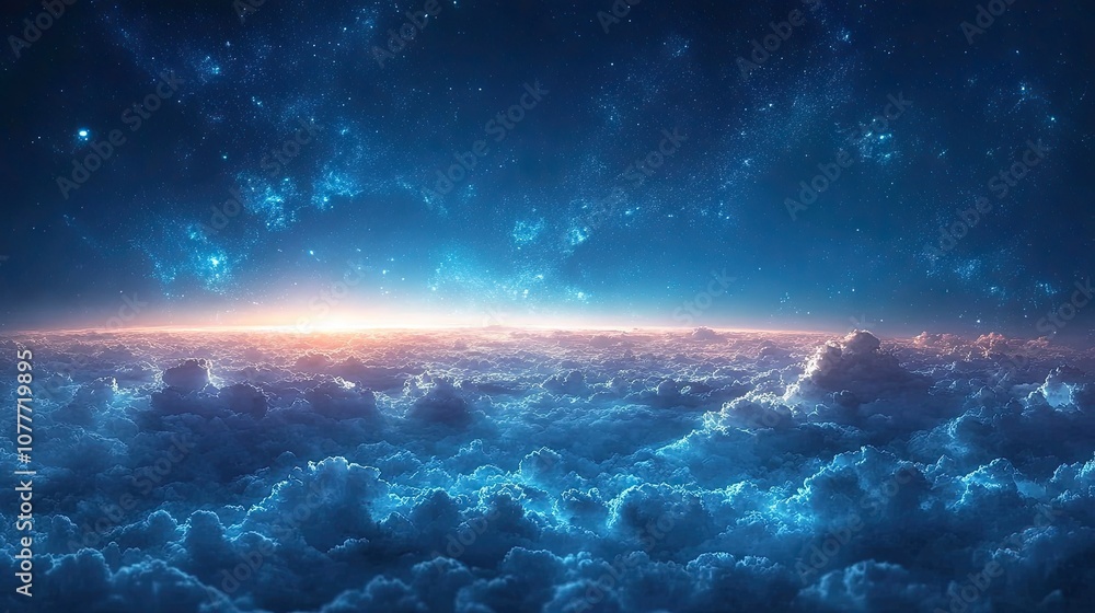 A breathtaking view of a starry night sky above a vast sea of clouds. A breathtaking view of a starry night sky above a vast sea of clouds.
