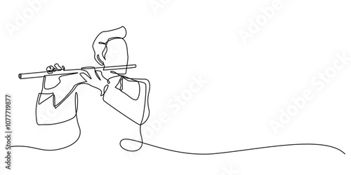 continuous line drawing of male musician playing flute.one line drawing of man orchestra flute player.single line music orchestra performance.isolated white background