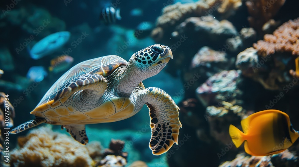 Fototapeta premium A sea turtle swims through a coral reef with colorful fish in the background.