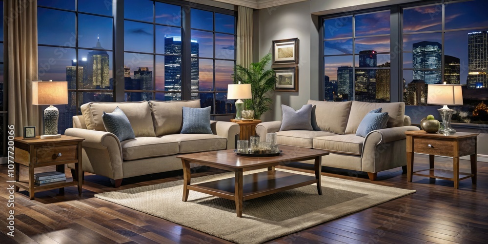 Fototapeta premium Transform your living space with the Carter furniture set, showcasing a contemporary sofa, stylish chair, and trendy coffee table, ideal for modern home decor enthusiasts.