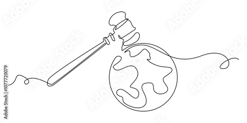 continuous line drawing of judge's hammer and globe.one line drawing of judge's hammer hitting globe.single line vector illustration.isolated white background