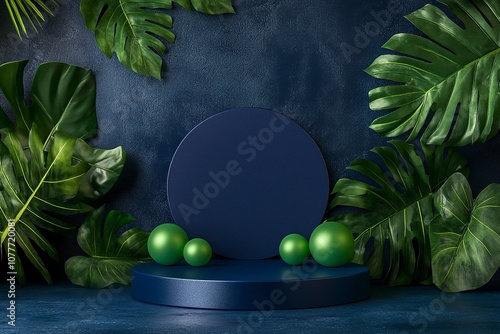 studio background in navy blue color with circular piedestal in the front, product photography, green levitatin balls background, generative ai photo