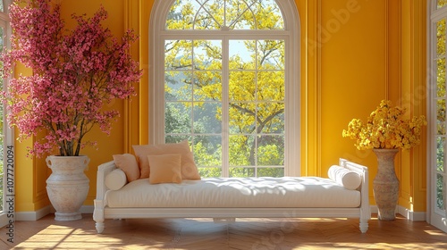 yellow virtual empty room background backdrop banner image with window for online presentations and zoom meetings