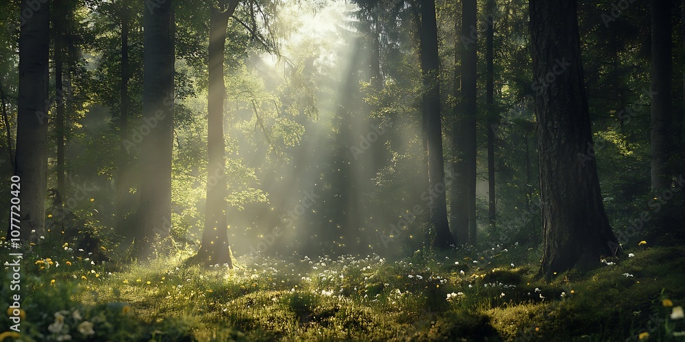 Fototapeta premium Sunbeams through Misty Forest Trees