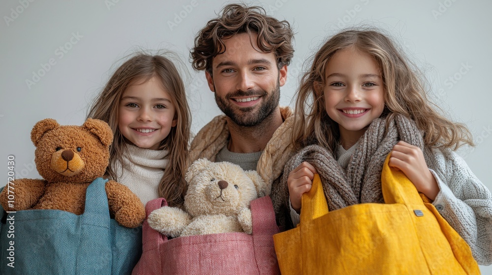 Cheerful father with his two daughters, each holding a teddy bear in colorful bags. Family bonding and happiness with soft toys in cozy setting. Cheerful father with his two daughters, each holding a teddy bear in colorful bags. Family bonding and happiness with soft toys in cozy setting.