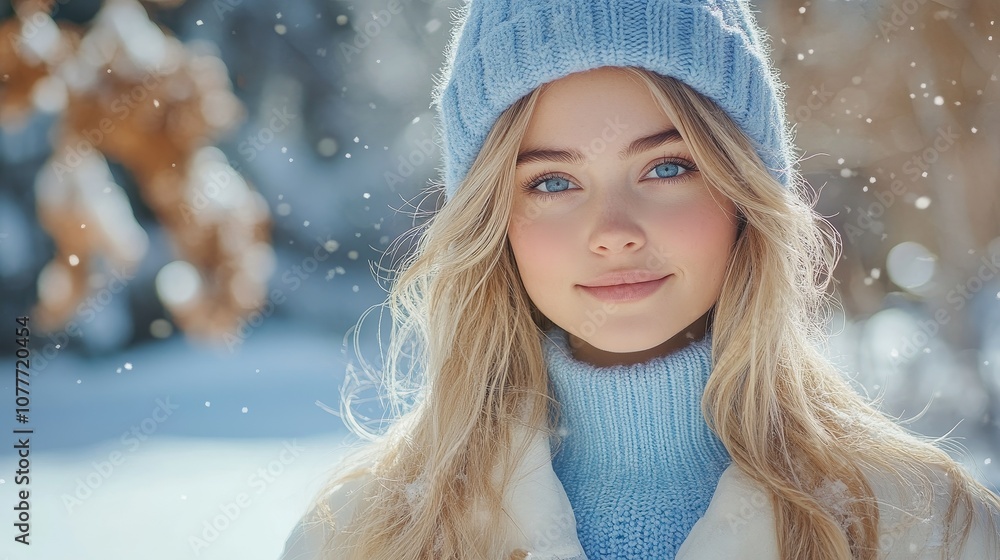 Young Blonde Woman in Blue Sweater and White Jacket, Standing in Snowy Winter Park, Blue Eyes and Long Hair Matching Blue Hat, Radiating Elegance and Warmth in Serene Winter Landscape Young Blonde Woman in Blue Sweater and White Jacket, Standing in Snowy Winter Park, Blue Eyes and Long Hair Matching Blue Hat, Radiating Elegance and Warmth in Serene Winter Landscape
