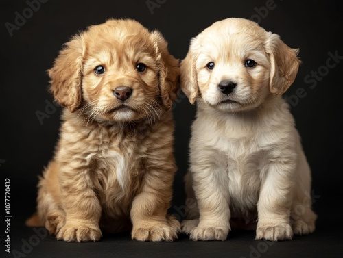 Two adorable puppies, one golden and one cream, sitting side by side against a dark background.