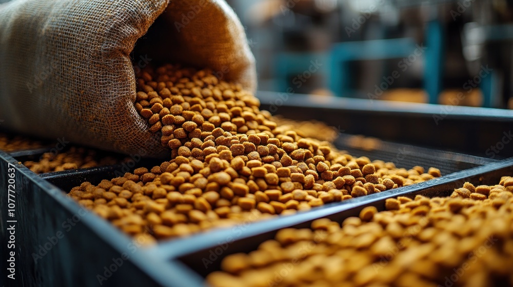 A burlap sack spilling dry pet food into a container. A burlap sack spilling dry pet food into a container.