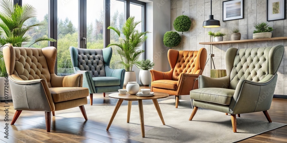 Fototapeta premium Transform your living space with these stylish chairs, designed for modern aesthetics and comfortâ€”ideal seating options that elevate your homeâ€™s decor effortlessly.
