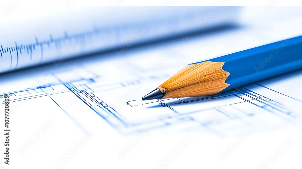 A close-up image of a blue pencil resting on architectural blueprints, emphasizing precision and design. A close-up image of a blue pencil resting on architectural blueprints, emphasizing precision and design.