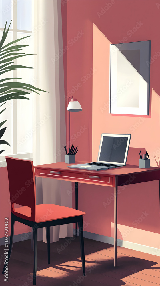 A minimalist home office with a laptop, chair, desk, lamp, and a potted plant by a window.