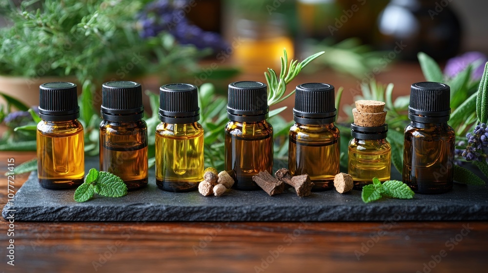 A display of essential oil bottles with herbs and natural elements. A display of essential oil bottles with herbs and natural elements.