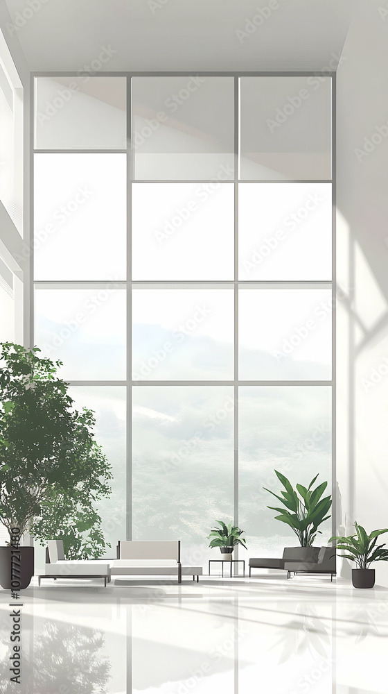 A modern living room with large windows and minimalist furniture. A modern living room with large windows and minimalist furniture.