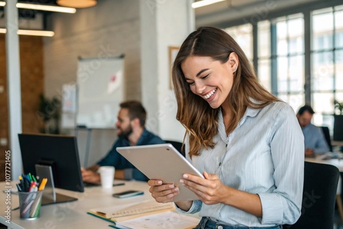 Reading and woman in office with tablet, schedule or creative developer at digital agency. Planning, happy designer or consultant at tech startup with notes, agenda or admin in coworking space