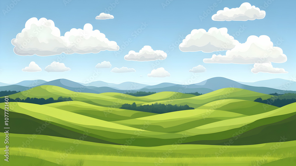 Naklejka premium A picturesque panorama of rolling green hills under a blue sky with fluffy clouds.