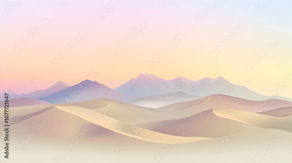 A serene desert landscape with soft, hazy mountains in the distance under a pastel sunrise. A serene desert landscape with soft, hazy mountains in the distance under a pastel sunrise.