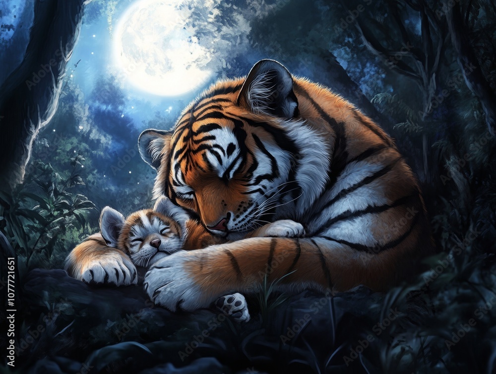 A mother tiger lovingly embraces her sleeping cub under a moonlit forest.