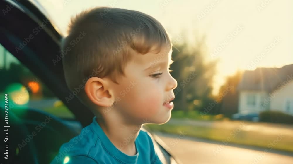 Cute Little Boy Enjoying a Sunny Ride With Head out of Car Window Generative AI Cute Little Boy Enjoying a Sunny Ride With Head out of Car Window Generative AI