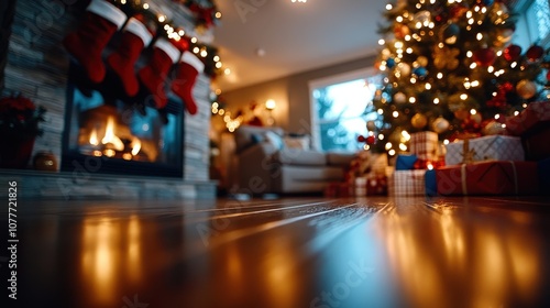 A living room decked out in Christmas decor, featuring a beautifully lit tree and a fireplace with stockings, perfect for the holiday season's cozy moments.