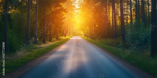 Sunlight Streaming Through Trees on Forest Road